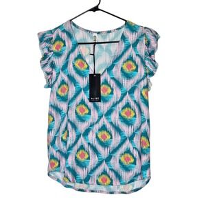 Alise NWT Viscose‎ Tropical Print Made in Italy Ruffle Tank Resort Wear Top 37 8